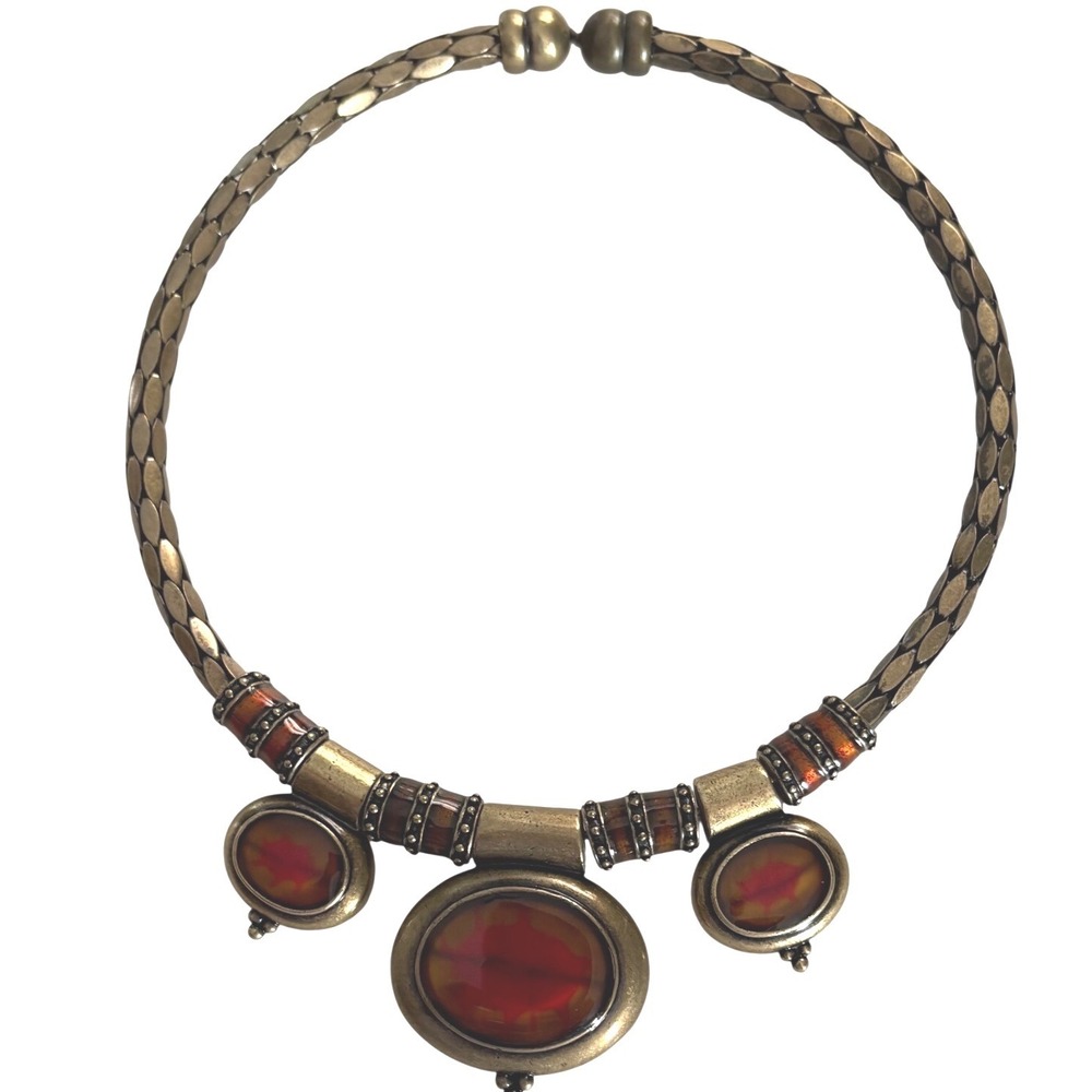 Chicos Gold Tone Red Amber Resin Cabochon Tribal Collar Necklace Magnetic